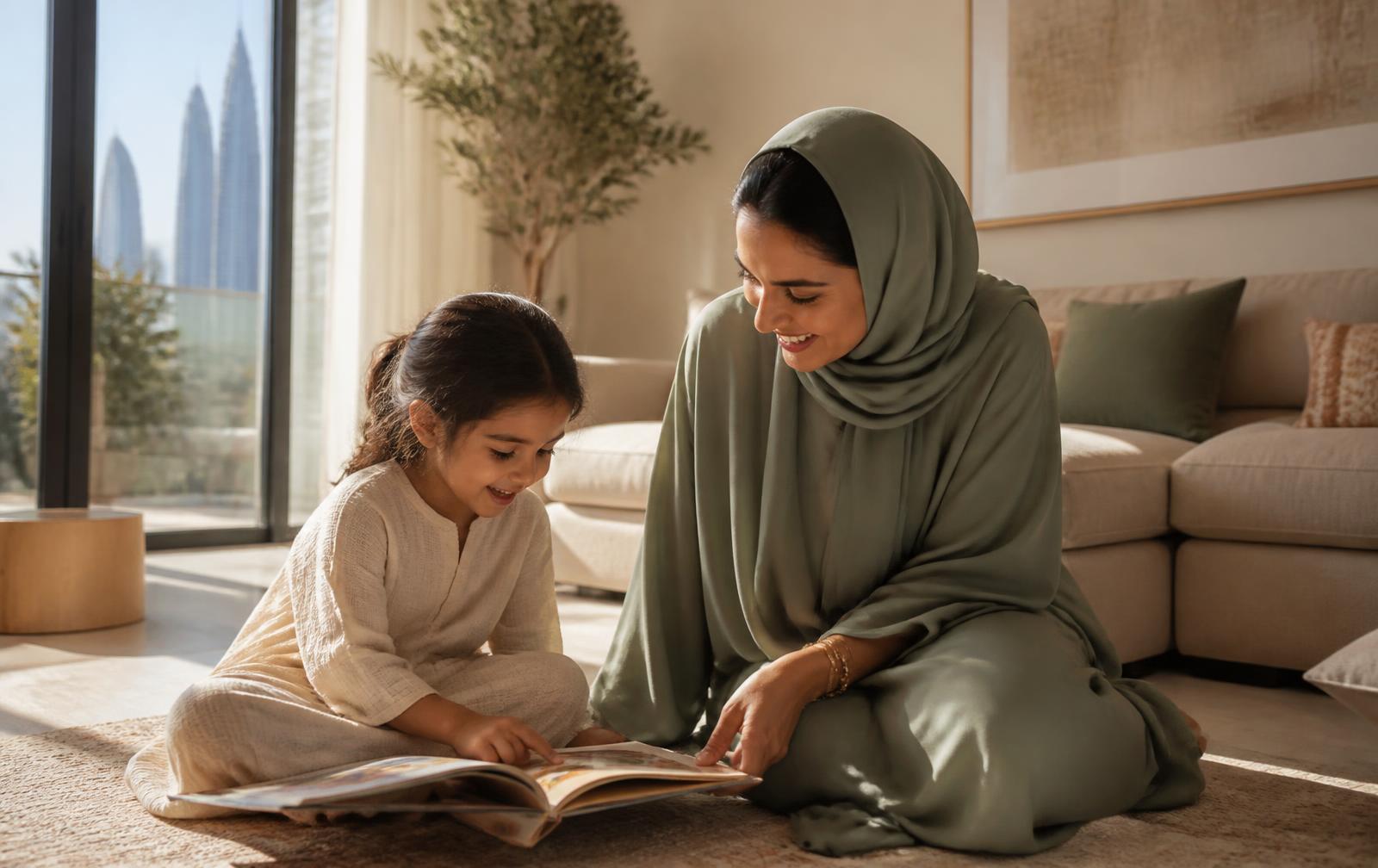 A parent and child reading together at home